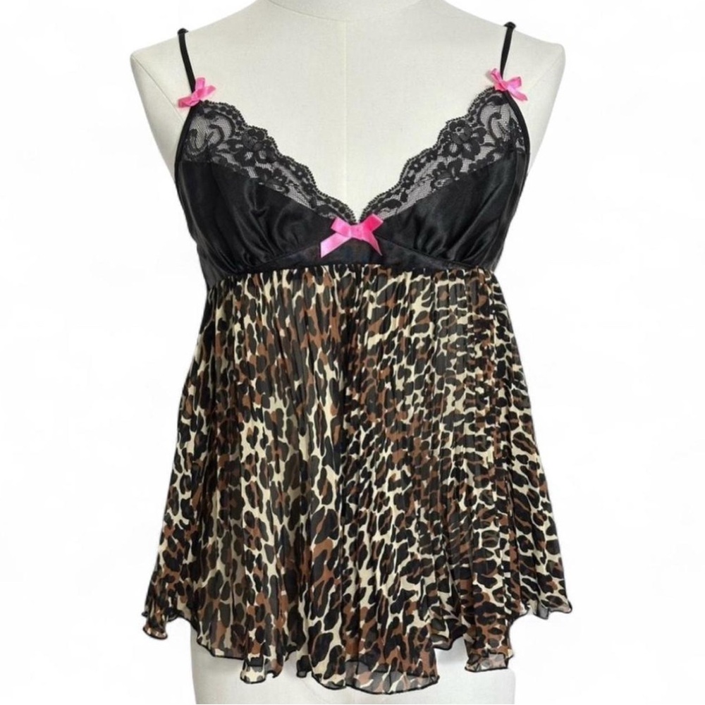 Betsey Johnson Leopard Print Lace Trim Y2K Babydoll Camisole Nightie - Medium